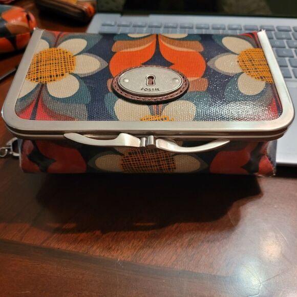 Fossil Key-Per Brown Floral Make Up/travel With Mirror Metal Snap 6.5"x4"x2" - Picture 1 of 9